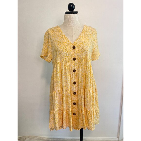 Yellow Floral Button Up Tiered Mini Dress By Carole Christian - Women's Size M - Picture 2 of 6